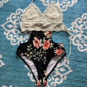 Women’s crochet and floral swimsuit.